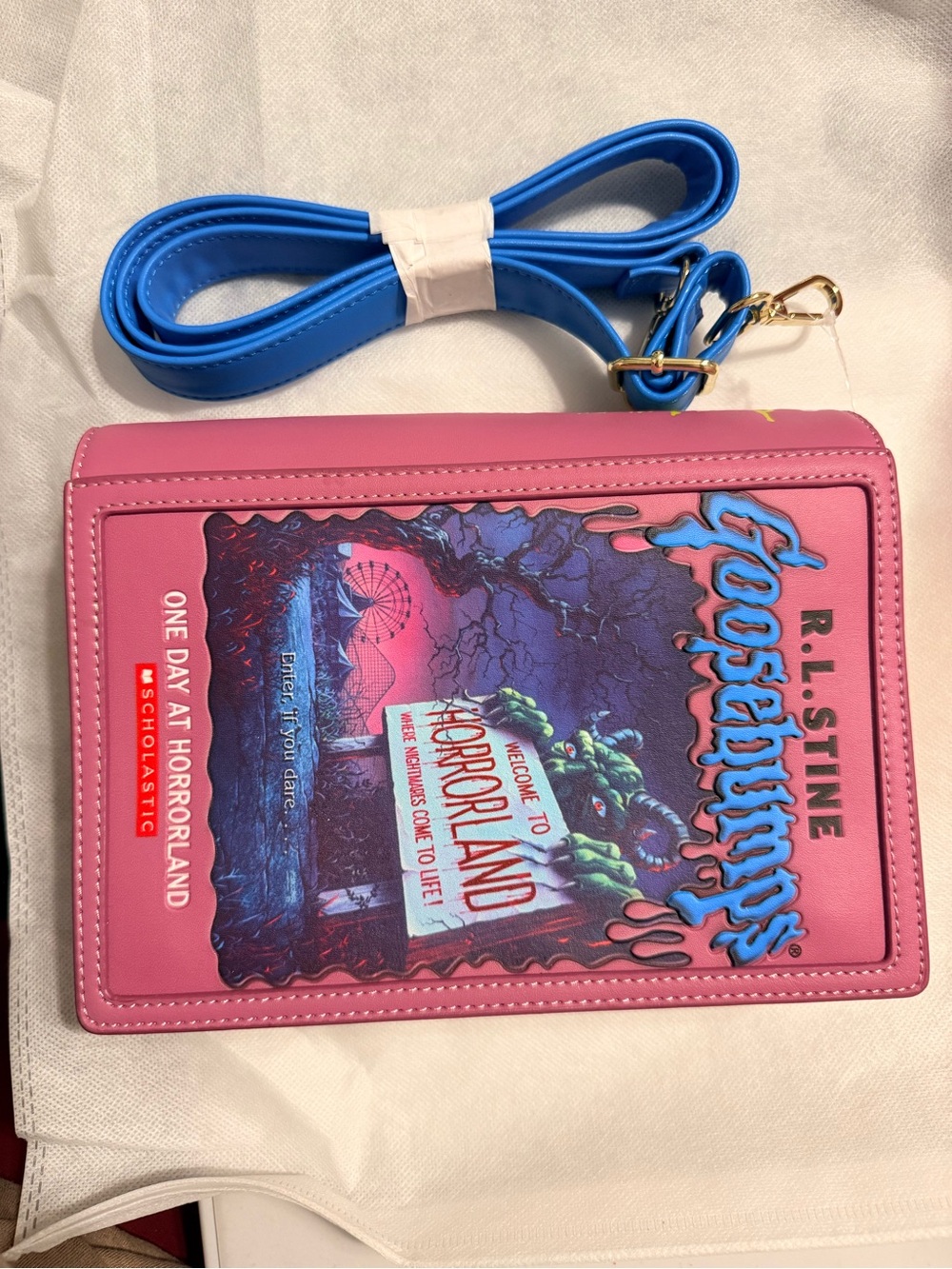 Loungefly Pink Goosebumps Novel-Style Crossbody with Blue Strap